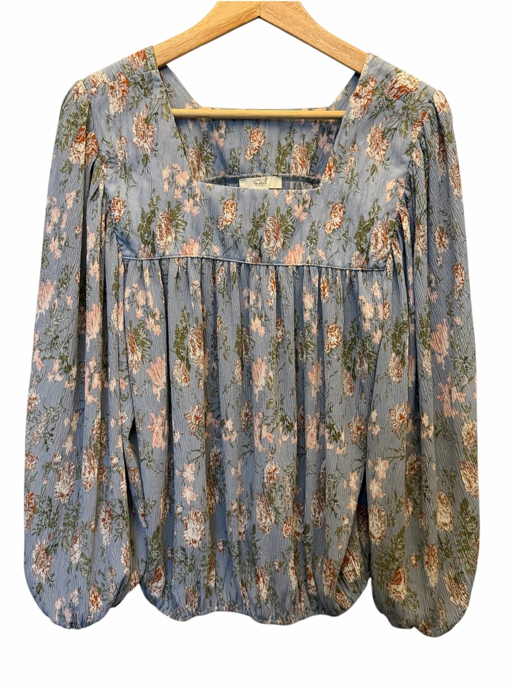 Easel Blue Floral Square-Neck Balloon Slv Elastic Hem Pleated Blouson Top Sz S